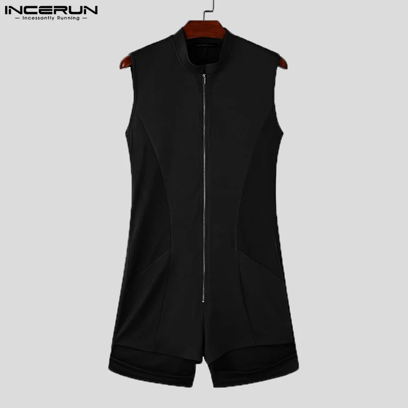 INCERUN 2024 สไตล์อเมริกันJumpsuitผู้ชายเซ็กซี่ซิปออกแบบBodysuitsบางดูผ่านแขนกุดHomewear S-5XL