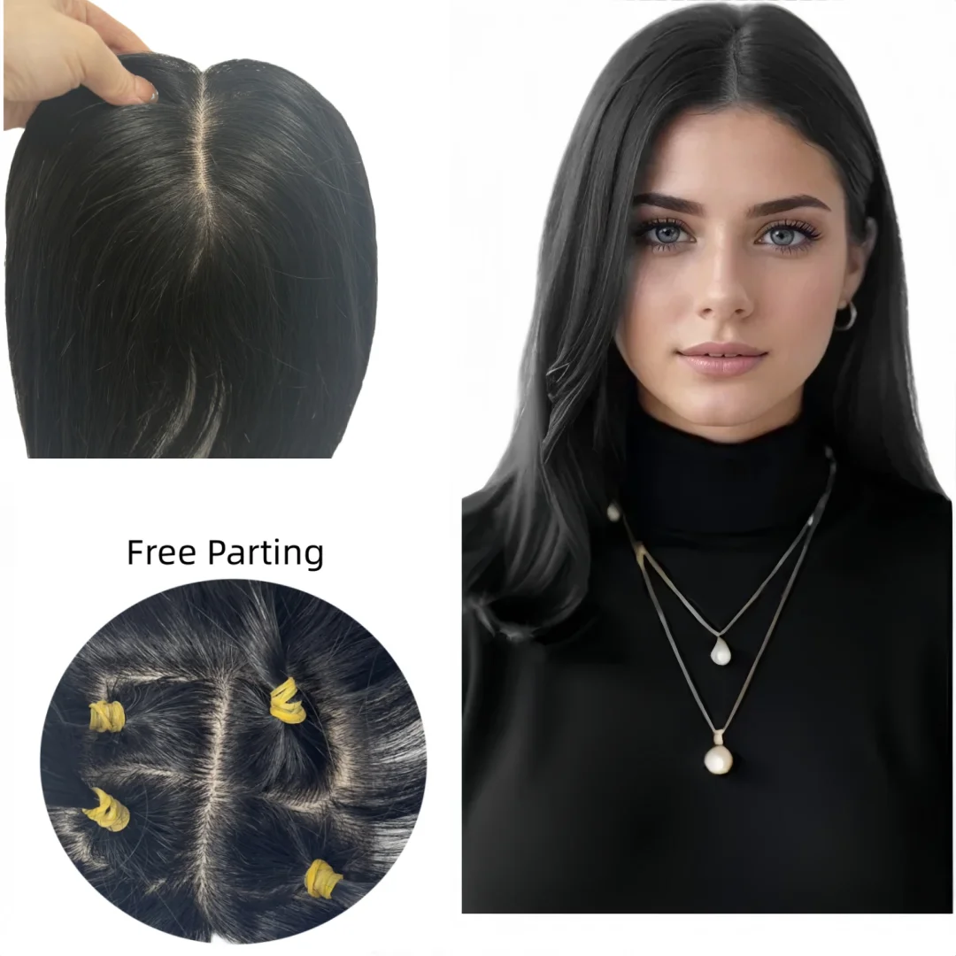 12x13 cm Clip in parrucchino Base in pelle di seta Topper per capelli umani Separazione libera Parte superiore del cuoio capelluto naturale Estensione dei capelli brasiliani per le donne