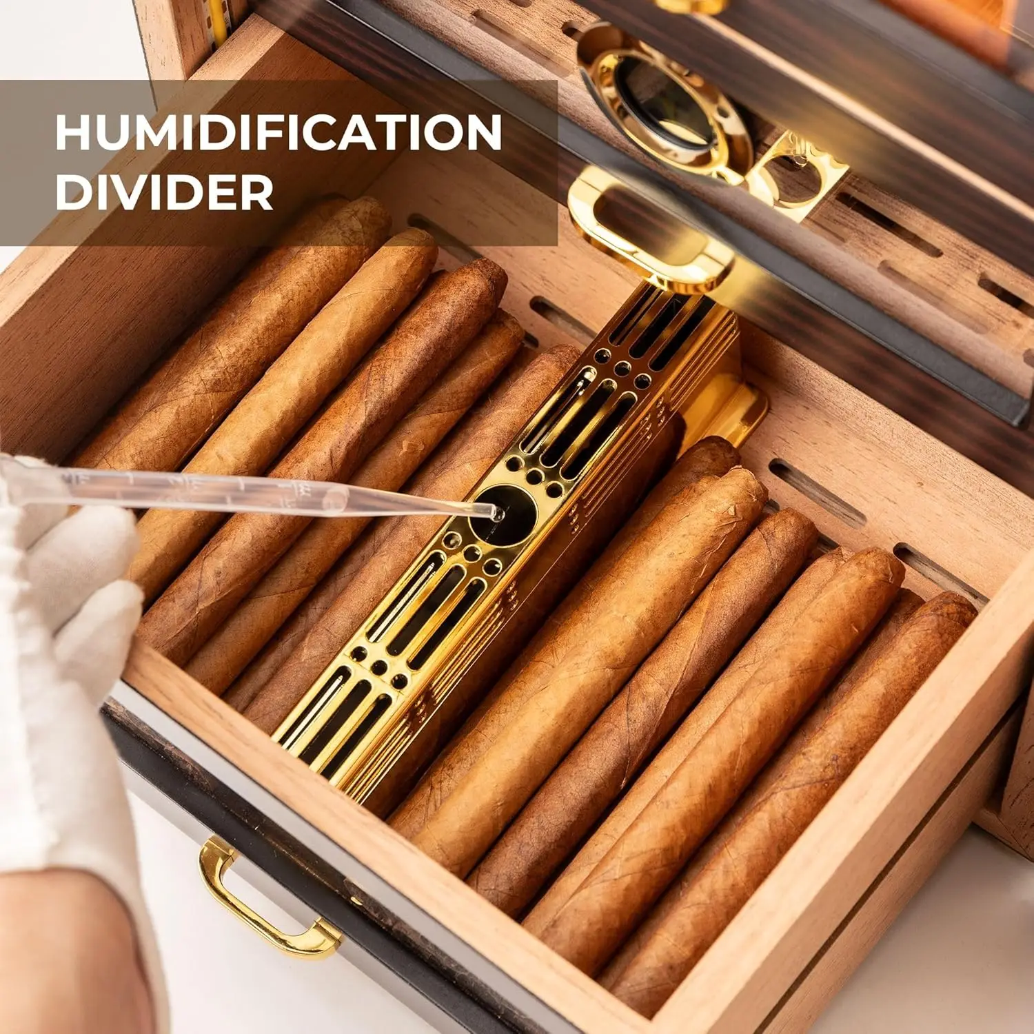 男性用デスクトップシガーヒュミドールキャビネット、LED照明付きで150本収納可能、スペイン杉製引き出しとデジタル湿度計付き