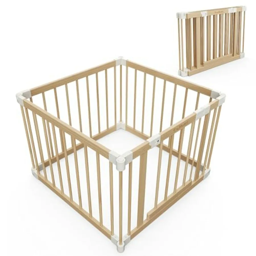

Foldable Wooden Baby Gate Playpen for Infants Toddlers Portable Sturdy Wood Play Yard with Lock 4-8-10 Panel Expandable Adjusta