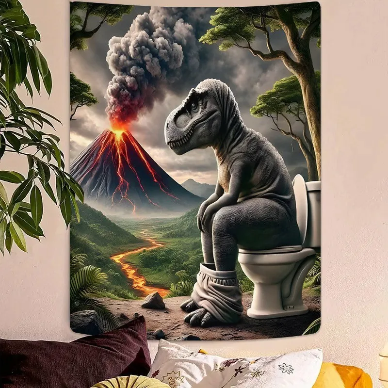 Tapestry Featuring a Dinosaur to a Toilet by a Volcano, in a Quirky And Absurd Style  This 2D Decorative Banner Is an Artistic Home Wall Decoration That Is Easy to Clean, Vi