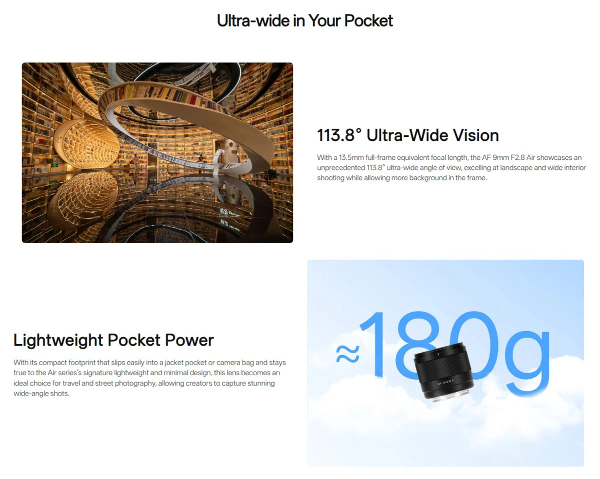 Obiektyw Viltrox 9mm F2.8 Air z autofokusem, format APS-C, mocowanie Sony E / NZ / XF do aparatów bezlusterkowych — zdjęcie produktu 3