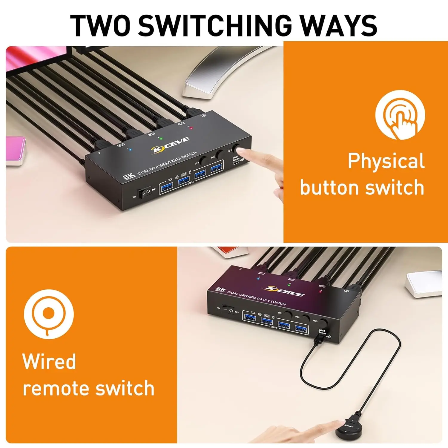 KCEVE KVM Switch 3 Computer 2 Monitors 8K Dual Monitors Displayport USB 3.0 KVM Switcher Supports 8K@60Hz for 3 DP Computers Sha