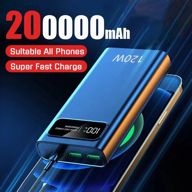 120W 200000mAh Super Fast Power Bank Charging High Capacity Portable Digital Display LED Power Bank For iPhone Samsung Xiaomi