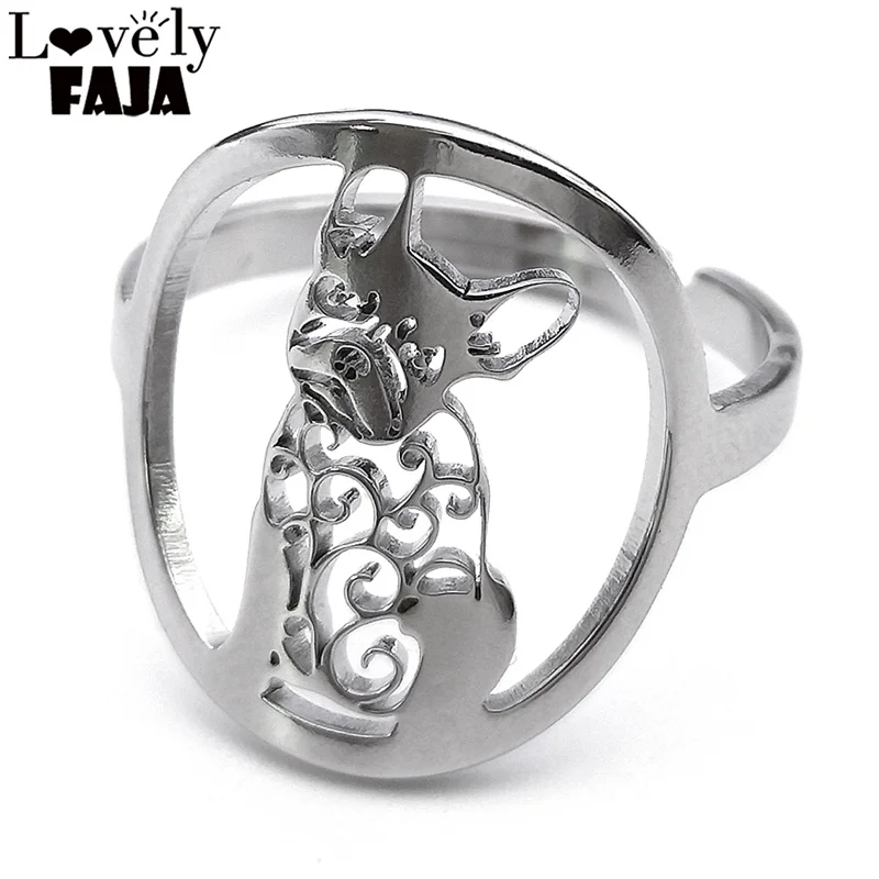 FRENCH BULLDOG Pug Dog Adjustable Ring for Women Men Stainless Steel Pet Animal Hollow Finger Rings Jewelry Souvenir Gift RRR