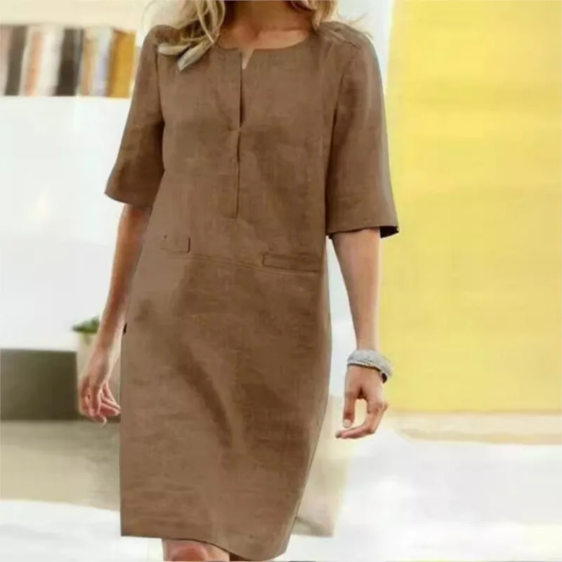 Vintage Women‘s Large Loose Dress Autumn Solid Cotton Linen O Neck Short Sleeve Pocket Button Dress Vestidos Elegant Mujer Women