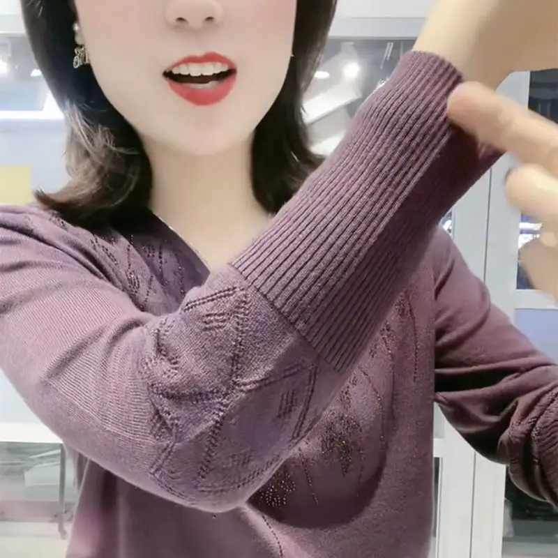 Simplicity Office Lady Autumn Winter New Women\'s Solid Diamonds Fashion Casual Long Sleeve Pullovers Bottoming Shirt Knitted Top