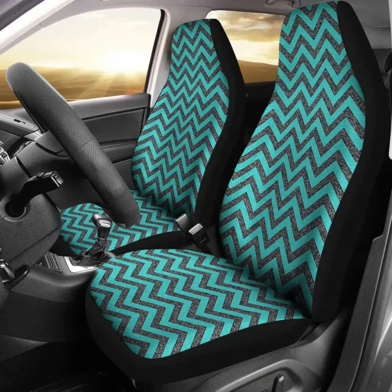 Teal and White Chevron Pattern Car Seat Covers ,Pack of 2 Universal Front Seat Protective Cover