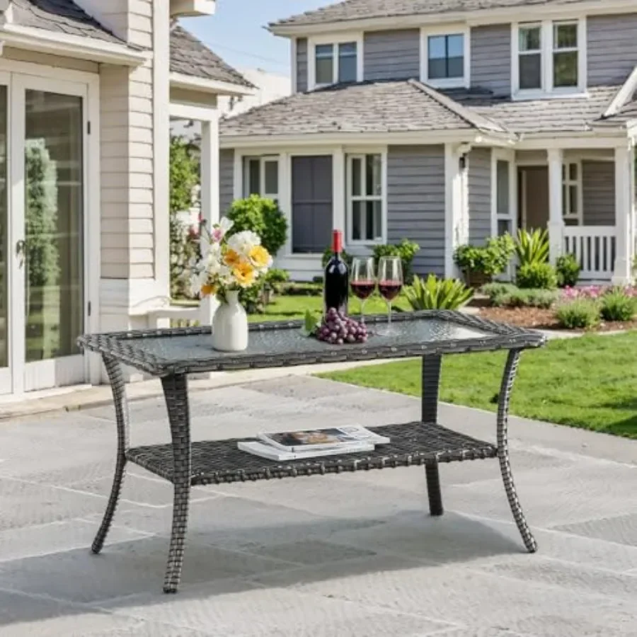 Outdoor Coffee Table for Deck Porch Balcony Garden - Grey Rattan Wicker with Tempered Glass Top and 2-Tier Storage