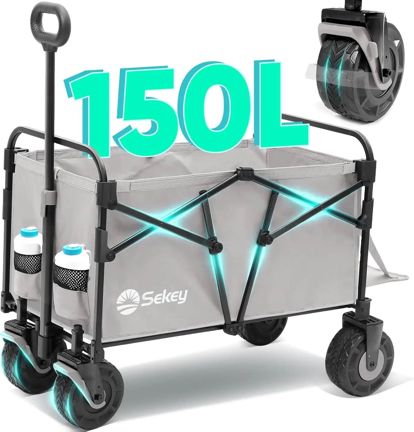 

Wagon Cart with Big All-Terrain Beach Wheels, Collapsible Heavy Duty Extended Wagons with Taligate, Foldable Utility Carts for C