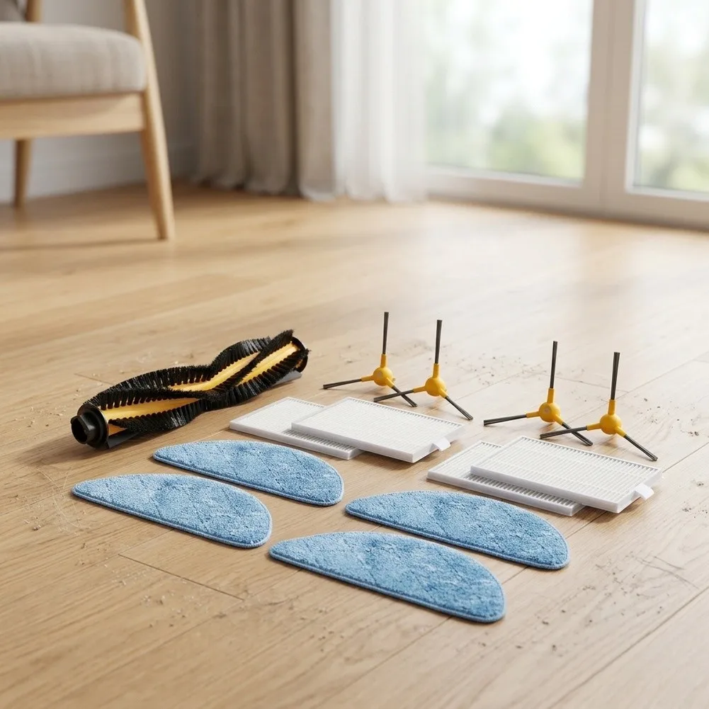 Robot Vacuum Cleaner Accessories Kit Compatible with For Coredy FL022 800T 1 Main Brush 4 Side Brushes 4 Filters