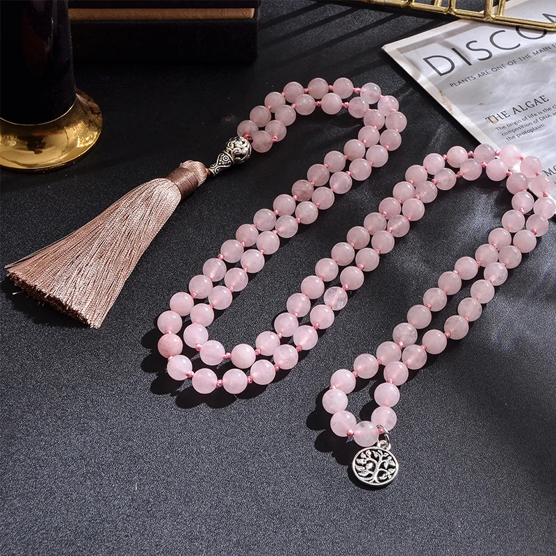 8mm Rose Quartz Beaded Knotted 108 Mala Necklace Meditation Yoga Prayer Jewelry Japamala Rosary for Women with Tree of Life