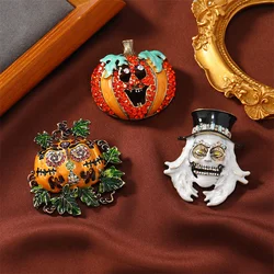 Trendy Halloween Enamel Pumpkin Ghost Bat Brooches Pins for Women Men Charm Rhinestone Jewelry Hat Backpack Clothes Accessories