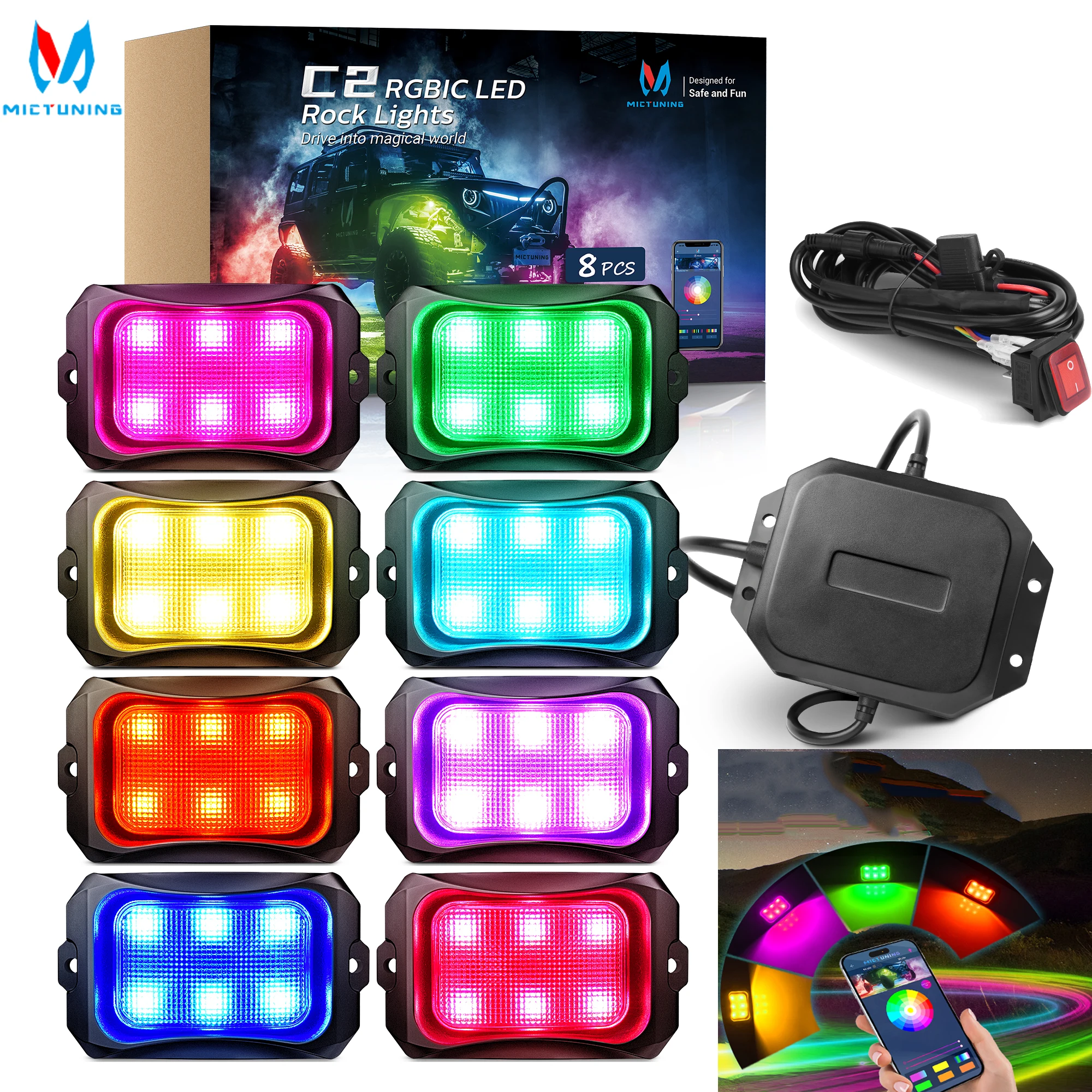 

MICTUNING 8 Pods C2 Extensible RGB+IC LED Rock Lights Kit Waterproof With Wireless Bluetooth APP Control For Truck Offroad Boat