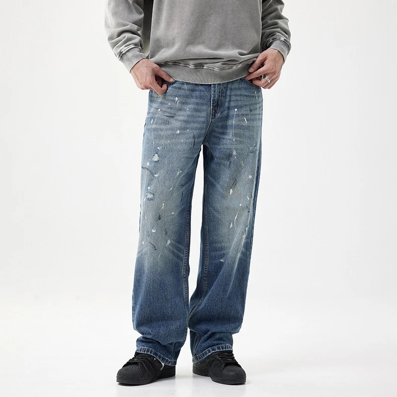 

American New Fashion Men's Vintage Casual Trendy Loose Wide Leg Slashed Ink Printed Vintage Denim Trousers Male Streetwear Jeans