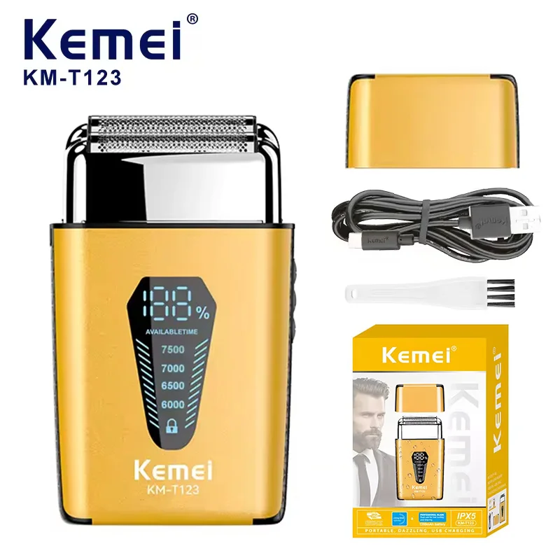 

Kemei KM-T123 перезаряжаемая электробритва с зарядкой через USB, мужская бритва для бороды, профессиональный плавающий станок для бритья вперед