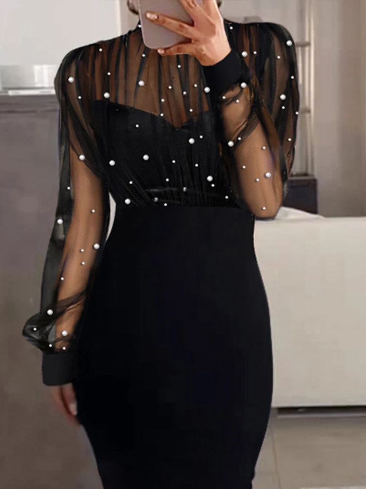Abito lungo da donna con giunture di perle a rete, manica lunga, vestibilità slim, avvolgente, abiti da sera, tubino, sexy, elegante, a vita alta