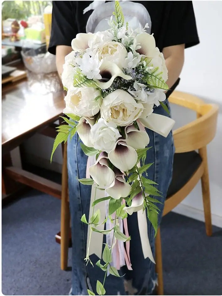 Ayicutia-ramo de flores artificiales de cristal de cascada para novia, ramo de novia de perlas blancas, boda real