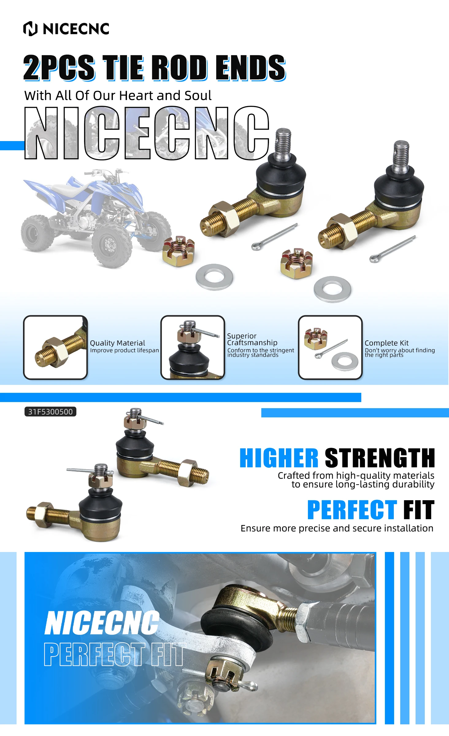 NICECNC Untere Kugelgelenke und Spurstangenköpfe Set für Yamaha Raptor 700 700R 2009-2024 YFZ450 YFZ450R X 2009-2024 ATV-Zubehör – Detail 1