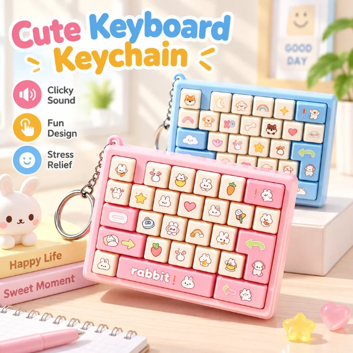4pcs Cute Mechanical Keyboard Fidget Toy Clicky Sound Stress Relief Keycap Keychain for Desk Gadget