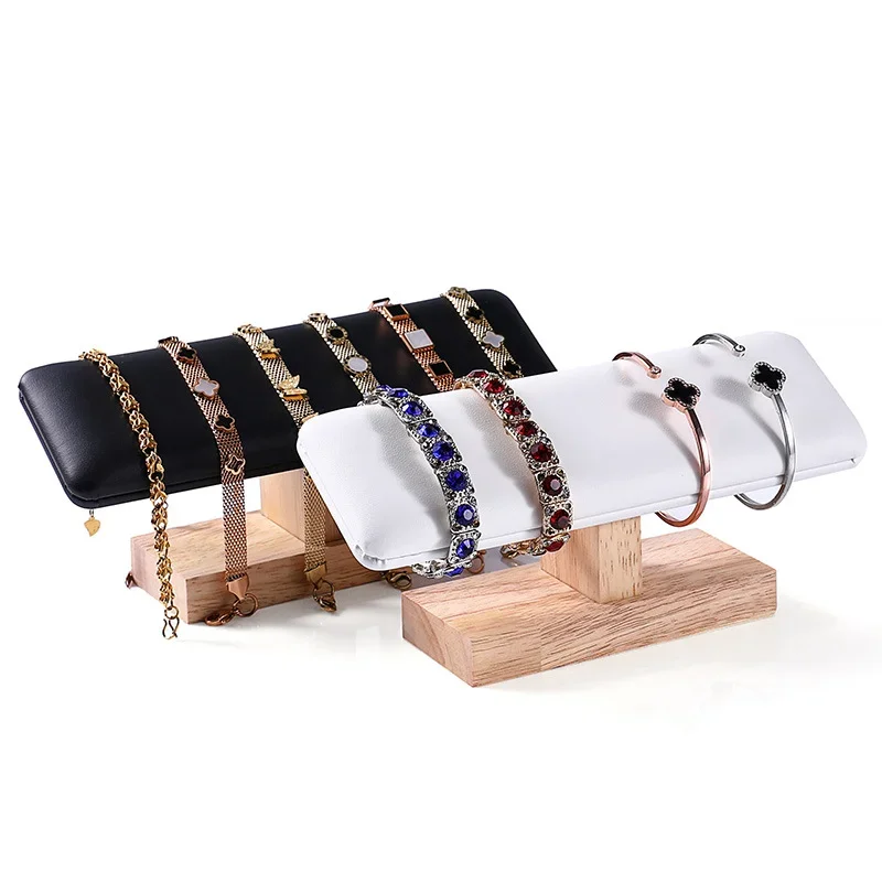Neue T-Form Holz Basis Schmuck Display Stand PU Leder/Samt Armband Armreif Uhr Kette Lagerung Halter Zähler display Requisiten