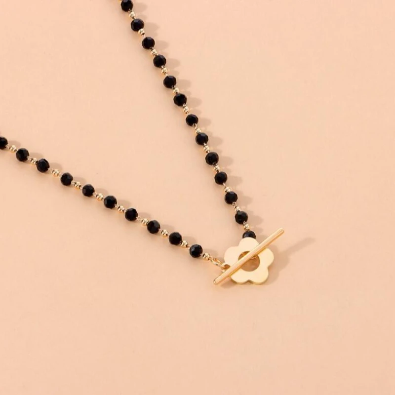 Jewelry necklace feminine black crystal bead chain versatile collarbone chain simple OT buckle flower necklace image 4