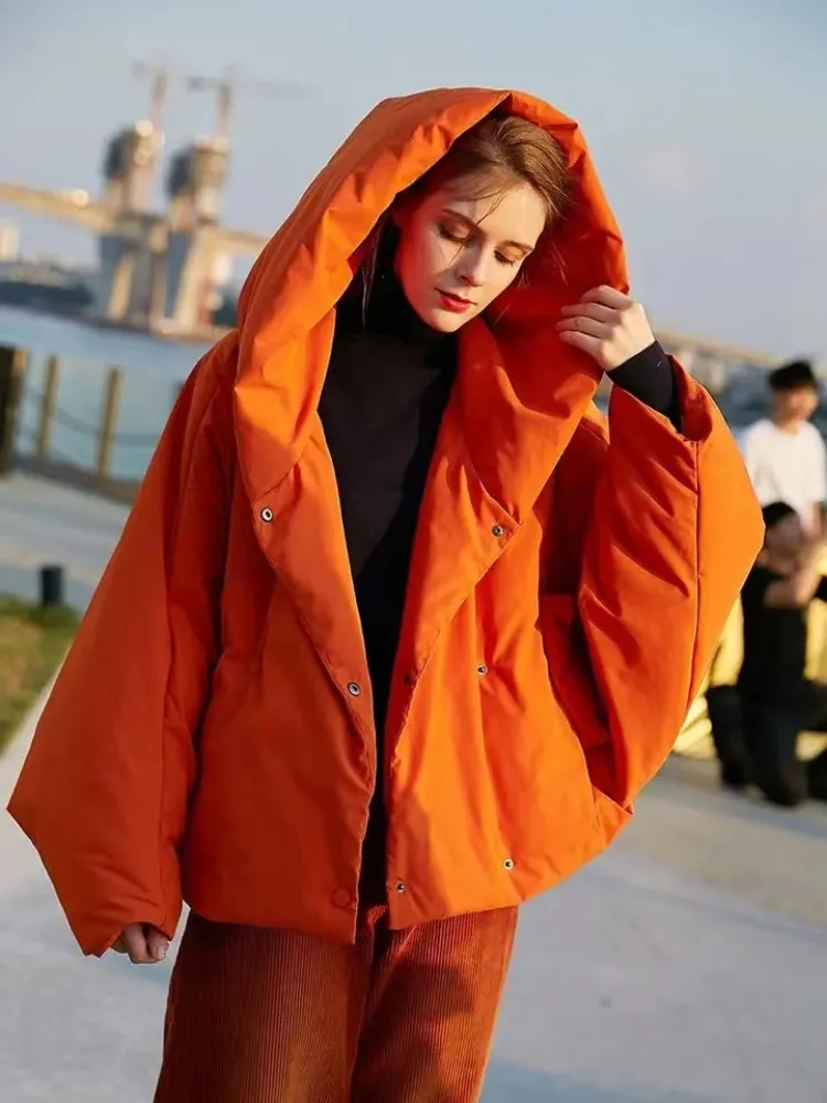 Luxury Brand Winter Women Parkas Down Jacket Fluffy Down Coat Oversized Hooded Long Sleeve Warm Outerwear Orange Chic Streetwear