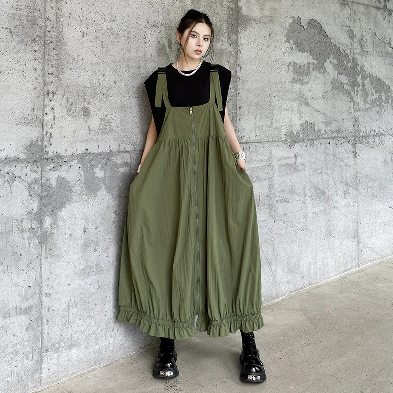 

Women Solid Strap Dresses A Line Cargo Dress Ankle Lenth Sleeveles Square Collar Zipper Loose Casual Office Lady 2025 Summer