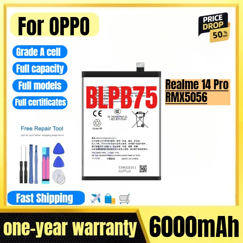 

BLPB75 for OPPO Realme 14 Pro/RMX5056 Phone Battery High Quality High Capacity Replacement Bateria Grade A Cell with Tools