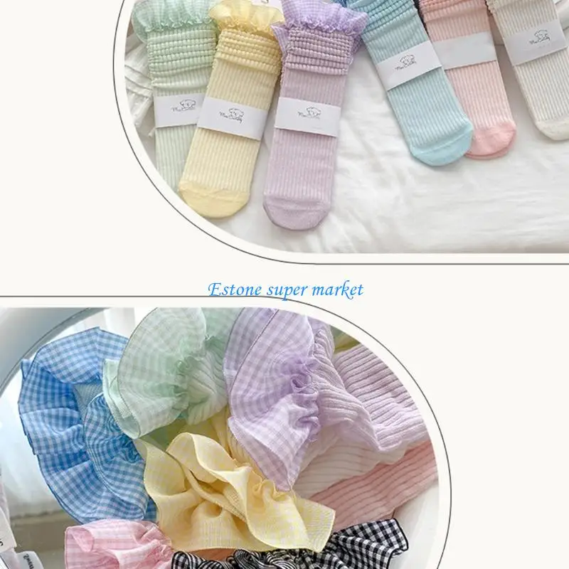 

090B Kids Cotton Under Knee Socks Stretchy Checkered Lace Trim 3-13 Years Casual Wear Hosiery Breathable Piled Up Socks