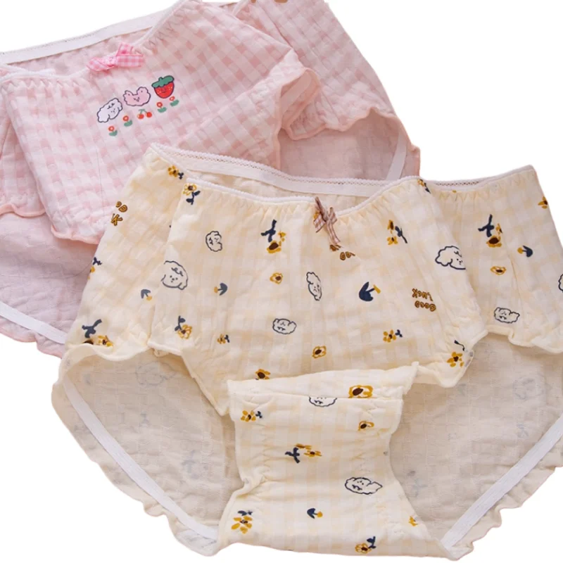 

Women Plus Size Lingerie Lolita Mid Waist Pure Cotton Sweet Plaid Briefs Sissy Cute Printed Breathable Cosplay Party Costumes﻿﻿﻿