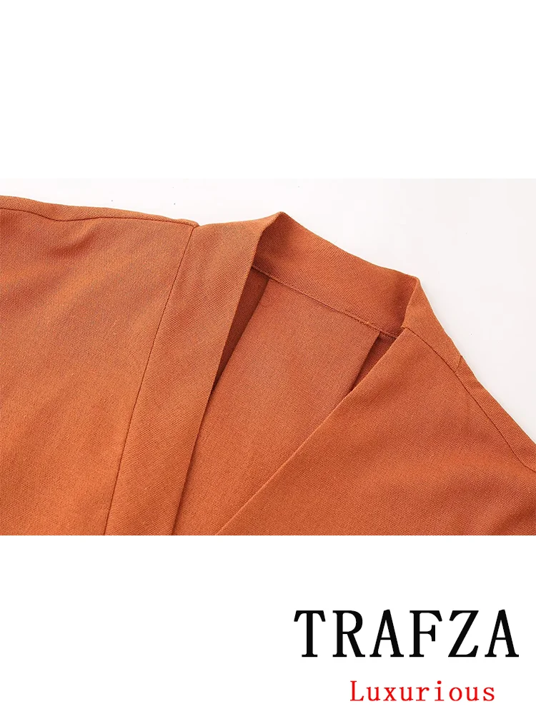 TRAFZA Vintage Casual Chic Solid Women Suit Single Button Long Sleeve Shirt Loose Long Pants Fashion 2024 Autumn Basic Sets