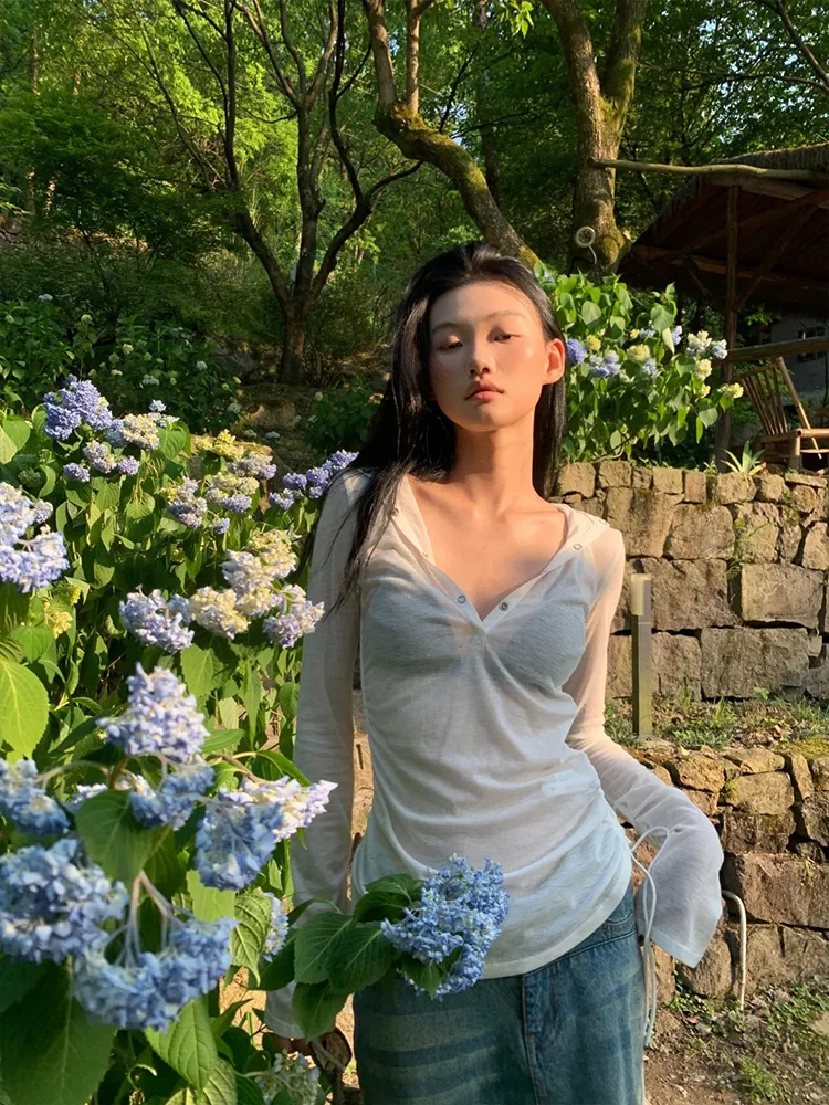 

Прозрачная длинная футболка Pure Desire Spicy Girl, женская летняя тонкая футболка с v-образным вырезом, тонкая сложенная толстовка с капюшоном на шнурке, топ