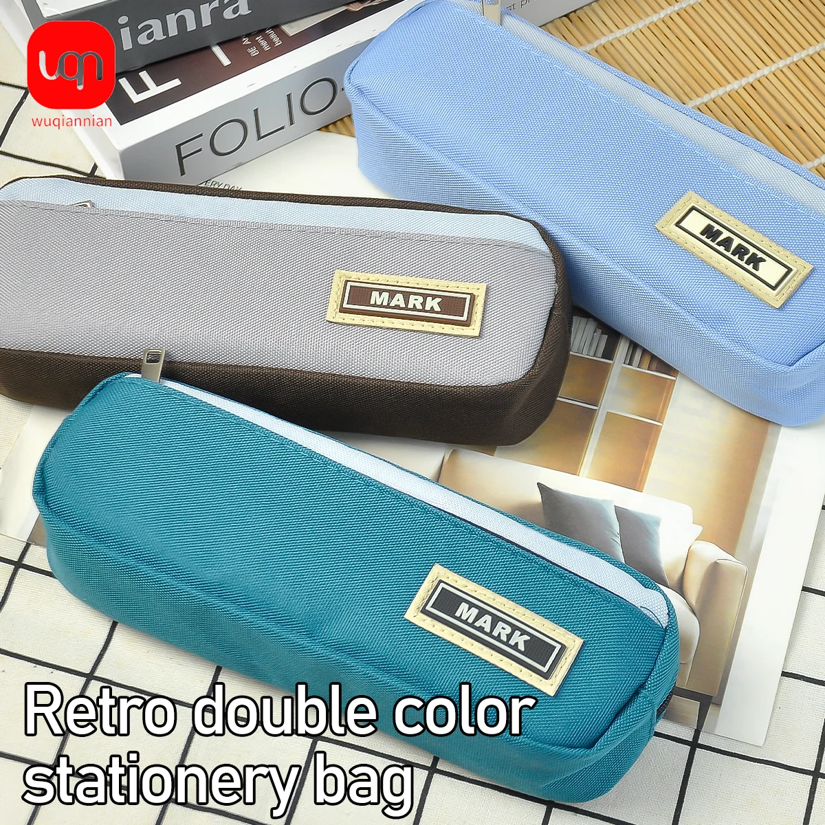 Retro Three-Color Two-Tone Design Pencil Case, Large Capacity Canvas Stationery,Portable Zipper Student Pencil Pouch,Office Supp