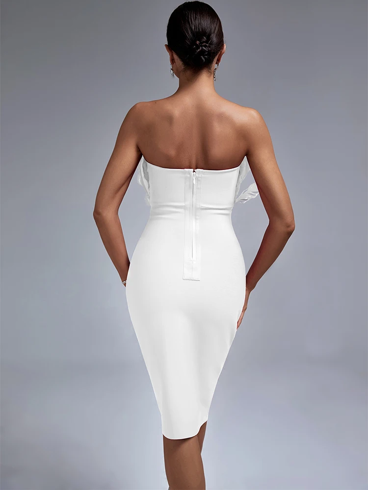 Vestido Bandage blanco para mujer, traje de fiesta de plumas, ajustado, elegante, Midi, Sexy, sin tirantes, trajes de noche, cumpleaños y Club,