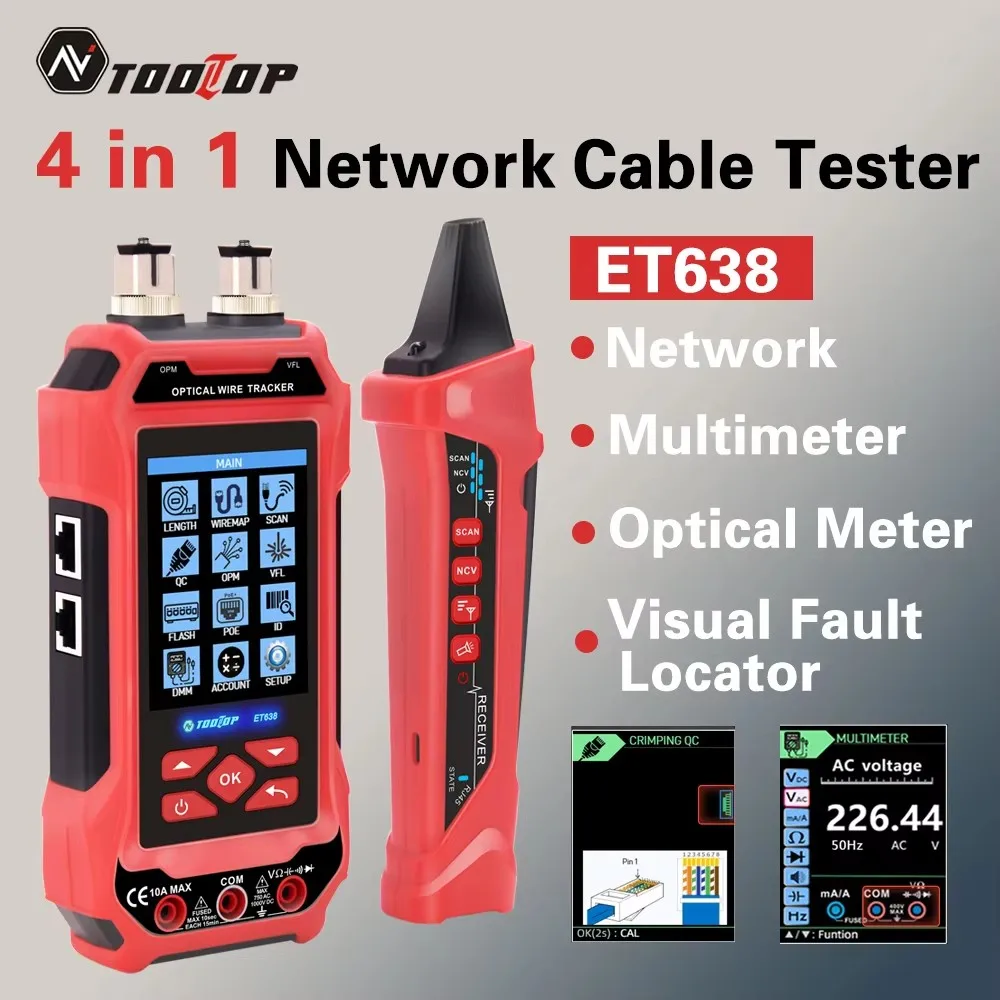 TOOLTOP 4IN1 Network Cable Tester Optical Power Meter 10W Vistal Fault Locator POE Wire Tracker Line Finder Rechargeable Tester
