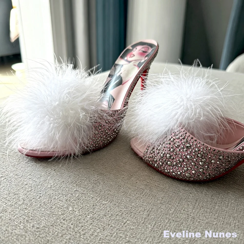 Women Fluffy Feather Rhinestone High Heels Pink Peep Toe Cartoon Print Insole Stiletto Heel Slippers Party Evening Dress Shoes