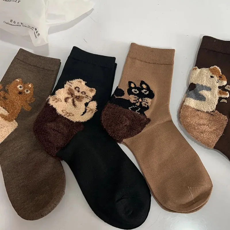 

1/4pairs Plush Cat Design Mid-tube Socks Winter Thicken Feather Yarn Animal Heel Sock for Women Men Harajuku Home Floor Stocking
