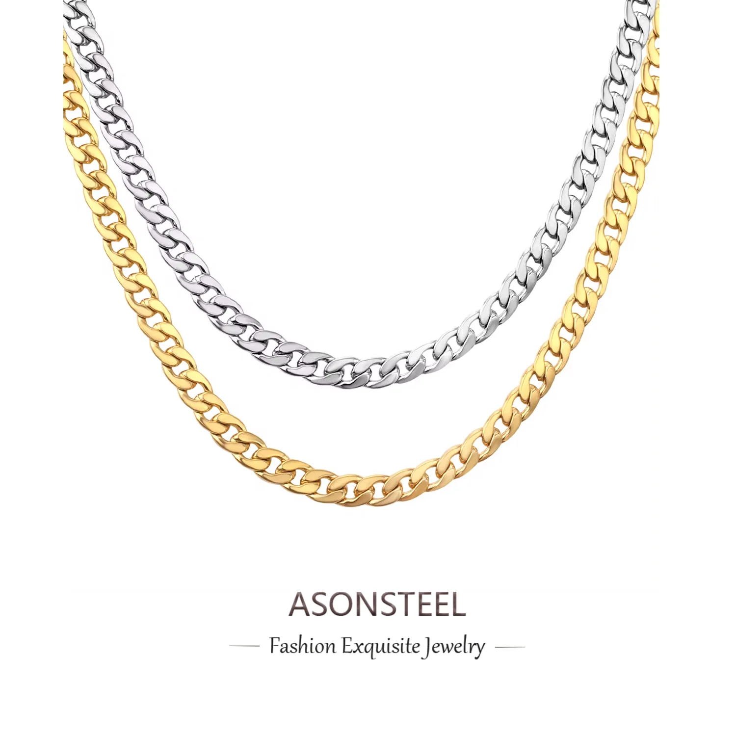 ASONSTEEL 5/7MM Gold Color Punk Cuban Link Chains Stainless Steel Men Women Long Necklace Choker Jewelry Wholesale Bulk Sale