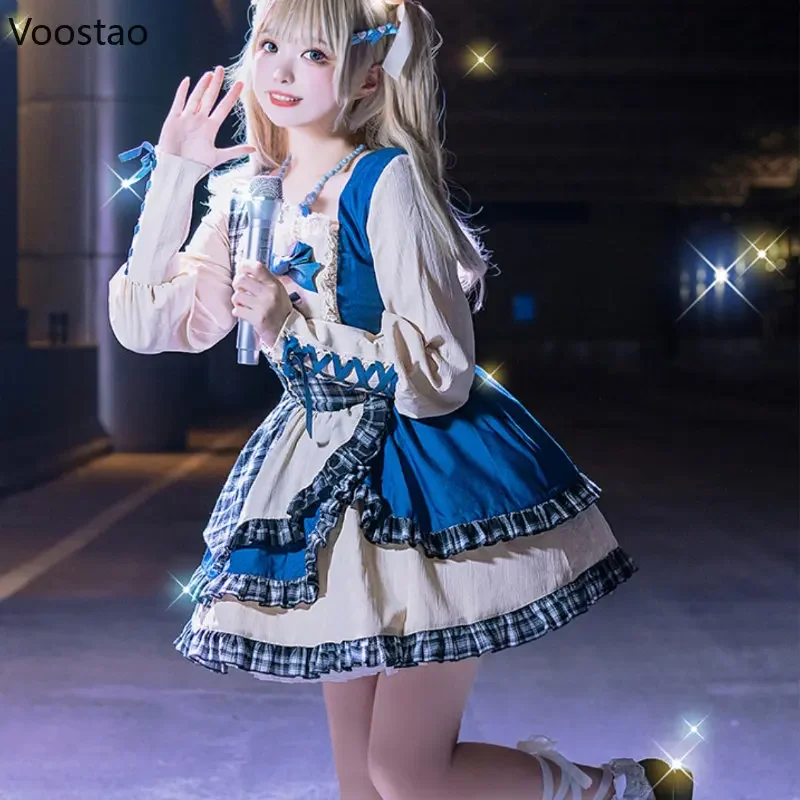 2025Japanese Dolce Arco Lolita OP Vestito Delle Donne Kawaii Plaid Increspature Patchwork Denim Abiti Da Festa Delle Ragazze Gotico Y2K Punk Mini Vestito