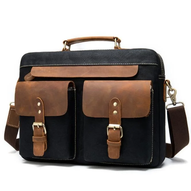 Bolso de lona de 14 pulgadas para hombre y mujer, bolsa de hombro para ordenador portátil, cartera escolar de cuero