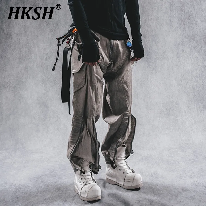 HKSH Spring New Men Tide Washing Waste Land Dark Pockets Wide Leg Adjustable Loose Casual Heavy Safari Style Cargo Pants HK3905