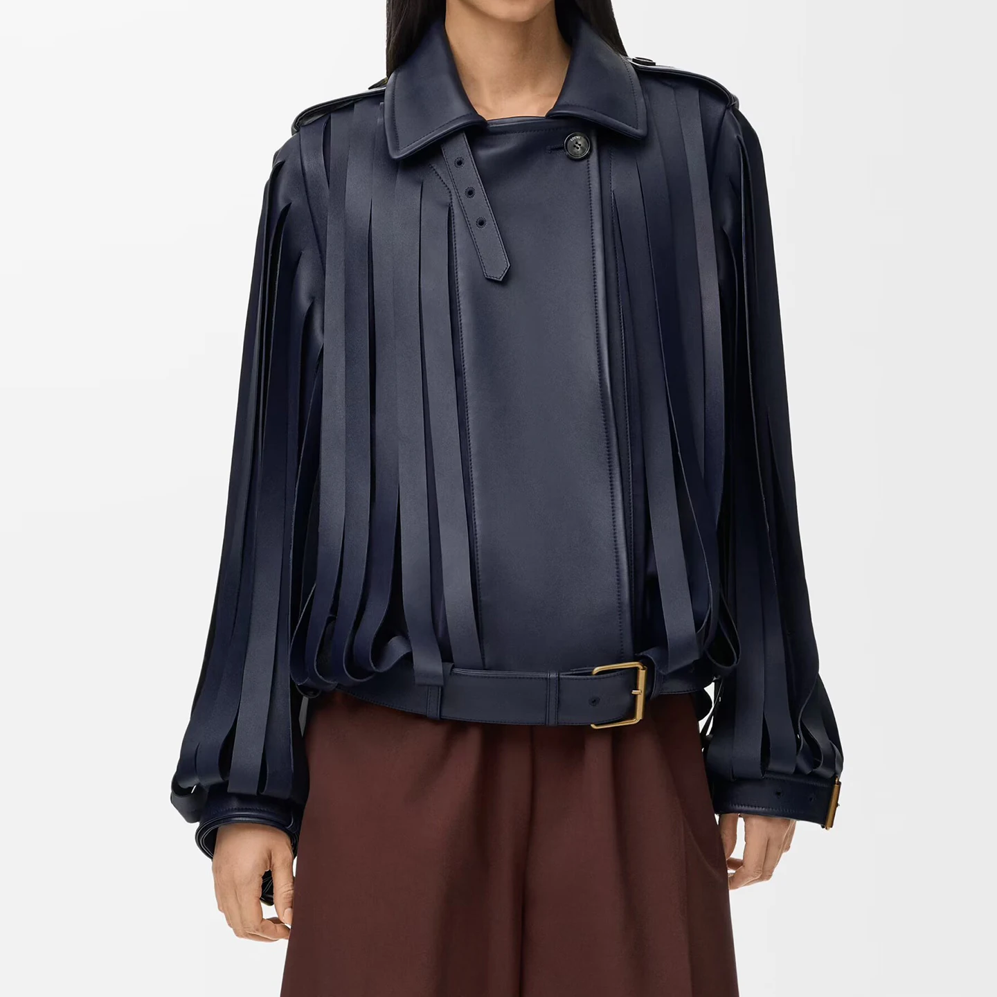 2025 inverno nova chegada feminino longo sve franjas lapela commute versátil high-end sentir casaco ele europeu sle couro...