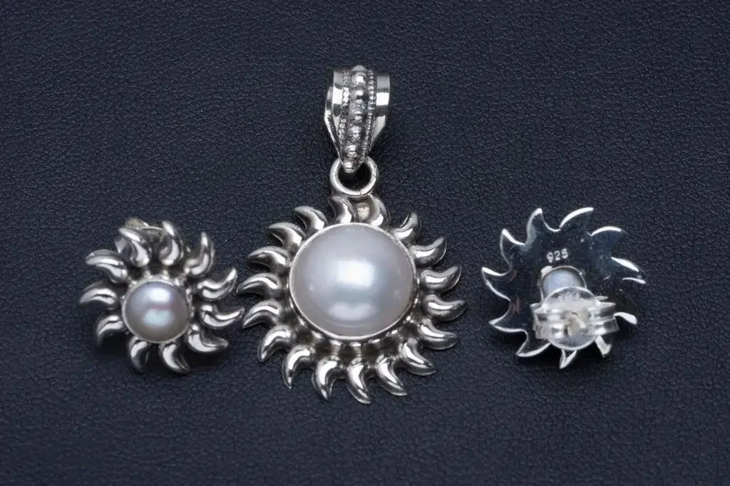 

Hesy® Natural River Pearl Handmade Unique 925 Sterling Silver Jewelry Set Pendant 1.25" Stud 0.75" A3655