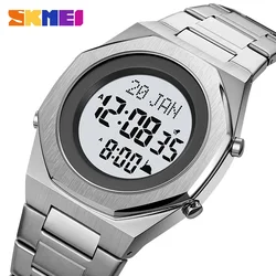 SKMEI Stainless Steel Digital Watch Men's Watches Pilgrimage Time Reminder Qibla Direction Original Wristwatch Muslim Clock