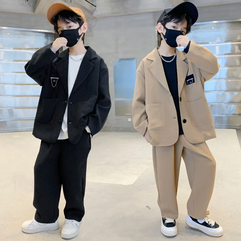 Youth Boys Suit Black Brown Casual Groups Performance Costumes Loose Blazer Trousers 2 Pcs 6-14 Years School Kids Outfits Set