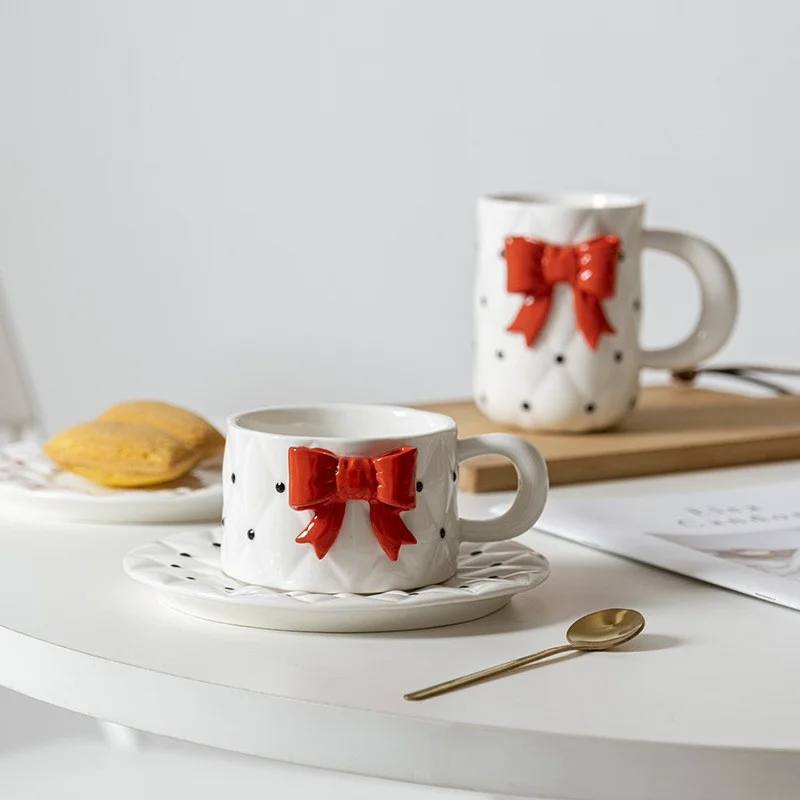 

Bowknot Shape Ceramic Coffee Mug With Tray Exquisite Holiday Gift For Lovers And Friends Home Coffee Mug Retail And Wholesale