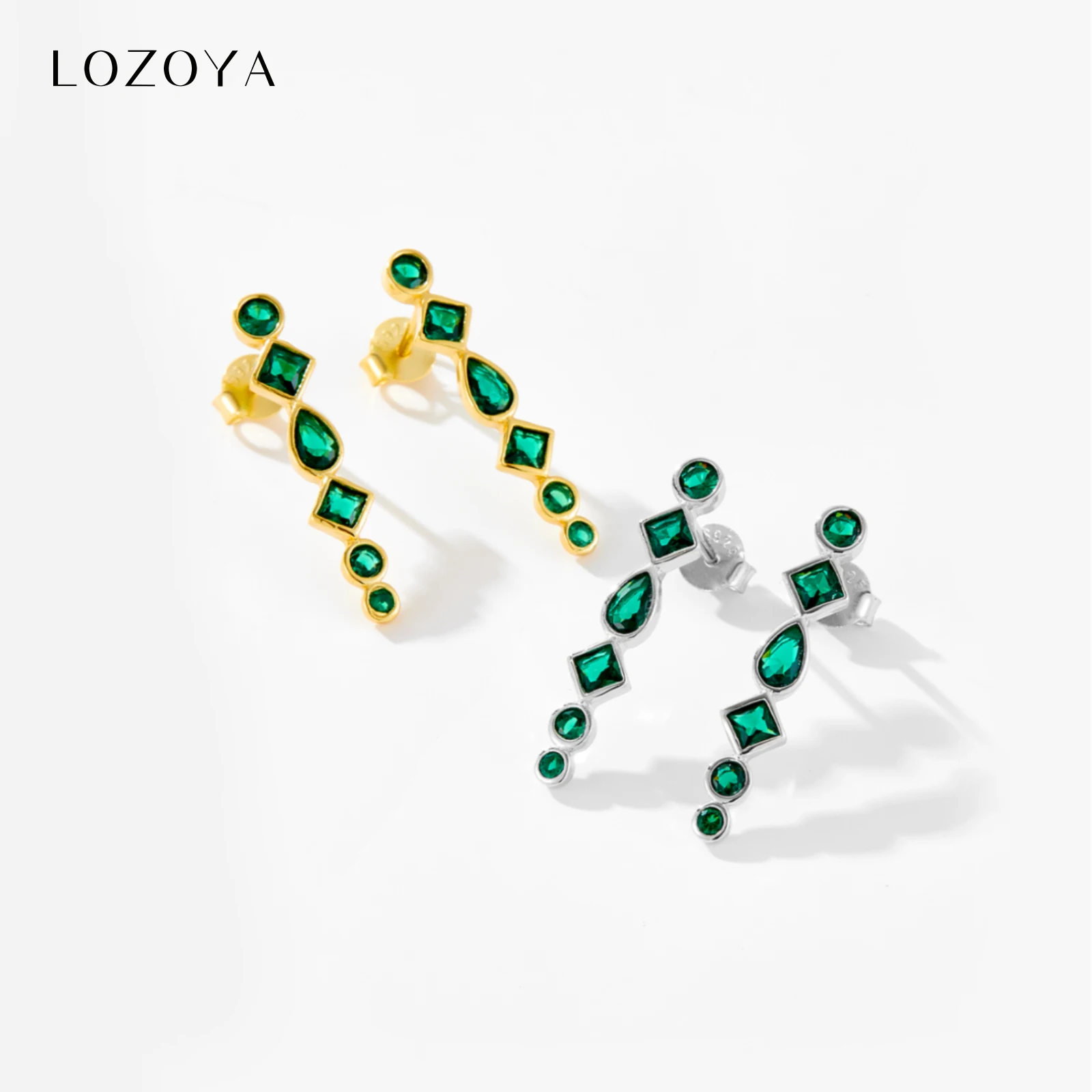 

LOZOYA Women 925 Sterling Silver Geometric Green Zircon Long Stud Earring 2026 Fine Luxury Gift Rock Punk Party Gift Jewelry