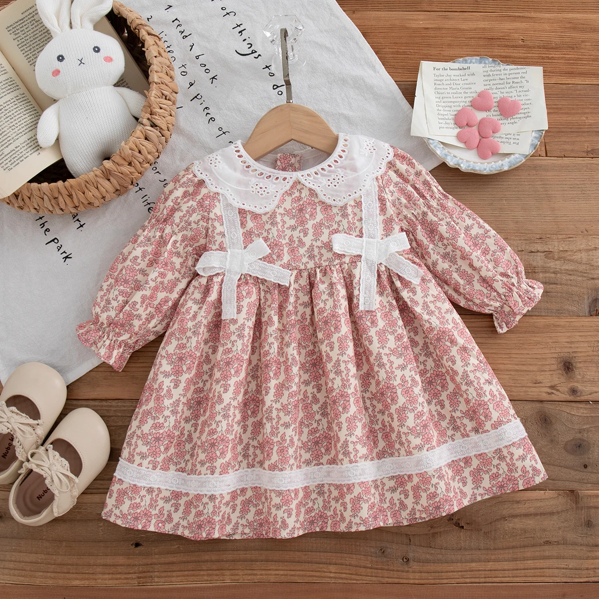 New Toddler Girl Long Sleeve Dress Lace Collar Bow Decor Vintage Floral Dress Spring Fall Girls Casual Outfit for Picnic