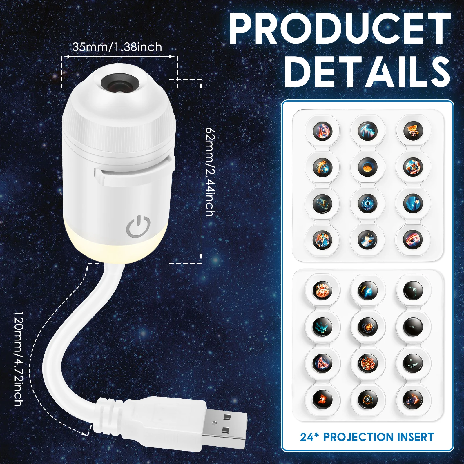Starry Sky Projector Night Light 360° Adjustable Galaxy Projector Atmosphere Lamp with 24 Interchangeable Films USB Night Light